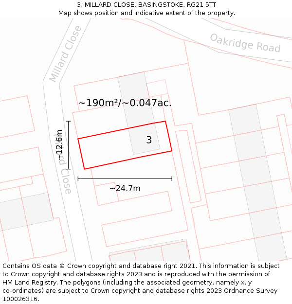 3, MILLARD CLOSE, BASINGSTOKE, RG21 5TT: Plot and title map