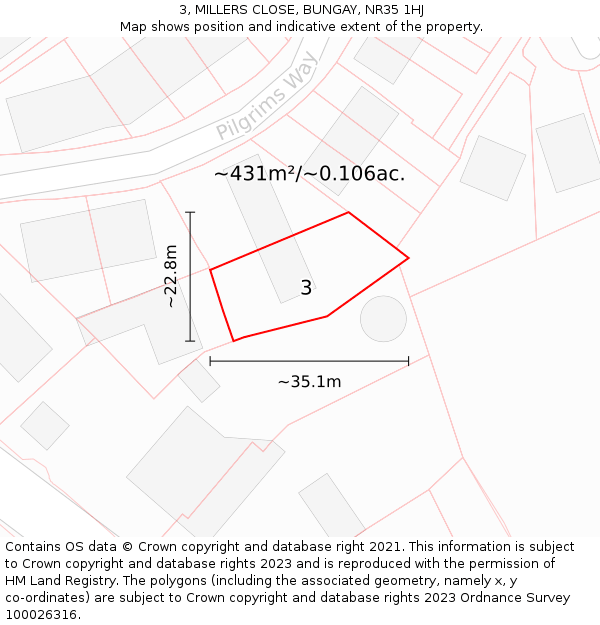 3, MILLERS CLOSE, BUNGAY, NR35 1HJ: Plot and title map
