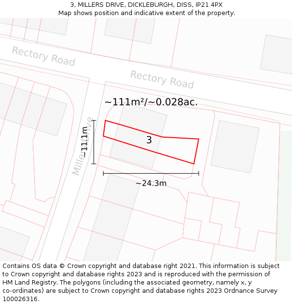 3, MILLERS DRIVE, DICKLEBURGH, DISS, IP21 4PX: Plot and title map
