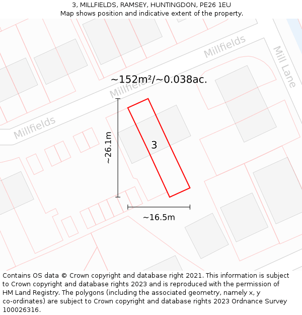 3, MILLFIELDS, RAMSEY, HUNTINGDON, PE26 1EU: Plot and title map