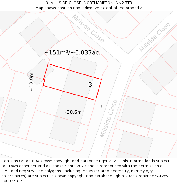 3, MILLSIDE CLOSE, NORTHAMPTON, NN2 7TR: Plot and title map