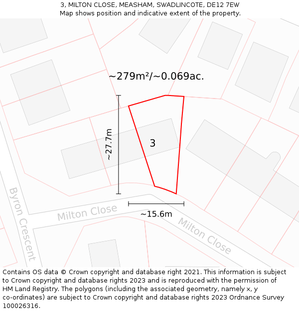 3, MILTON CLOSE, MEASHAM, SWADLINCOTE, DE12 7EW: Plot and title map