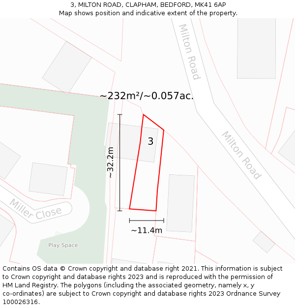 3, MILTON ROAD, CLAPHAM, BEDFORD, MK41 6AP: Plot and title map