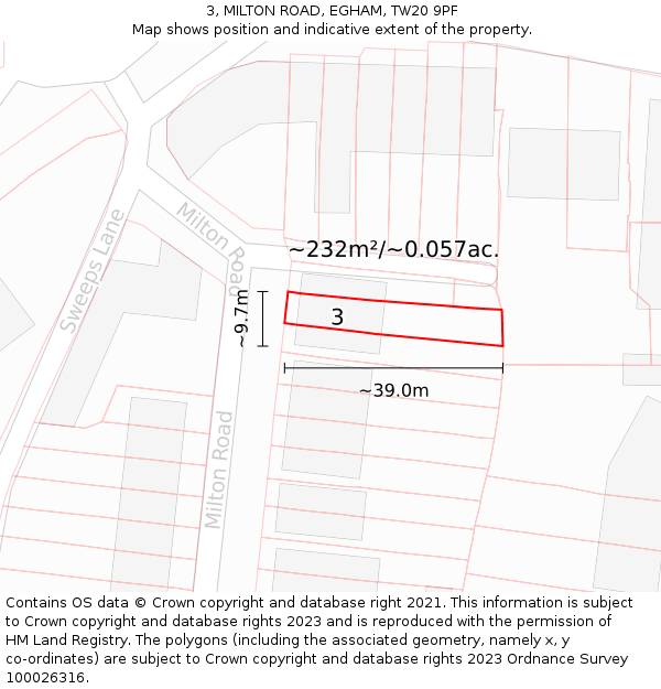 3, MILTON ROAD, EGHAM, TW20 9PF: Plot and title map