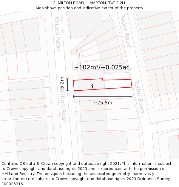 3, MILTON ROAD, HAMPTON, TW12 2LL: Plot and title map