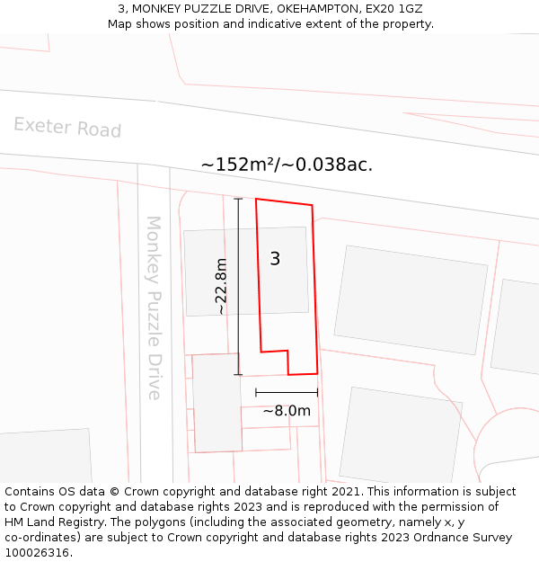 3, MONKEY PUZZLE DRIVE, OKEHAMPTON, EX20 1GZ: Plot and title map