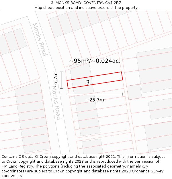 3, MONKS ROAD, COVENTRY, CV1 2BZ: Plot and title map