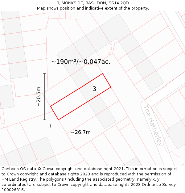 3, MONKSIDE, BASILDON, SS14 2QD: Plot and title map