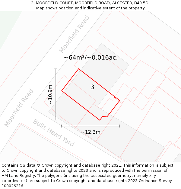 3, MOORFIELD COURT, MOORFIELD ROAD, ALCESTER, B49 5DL: Plot and title map