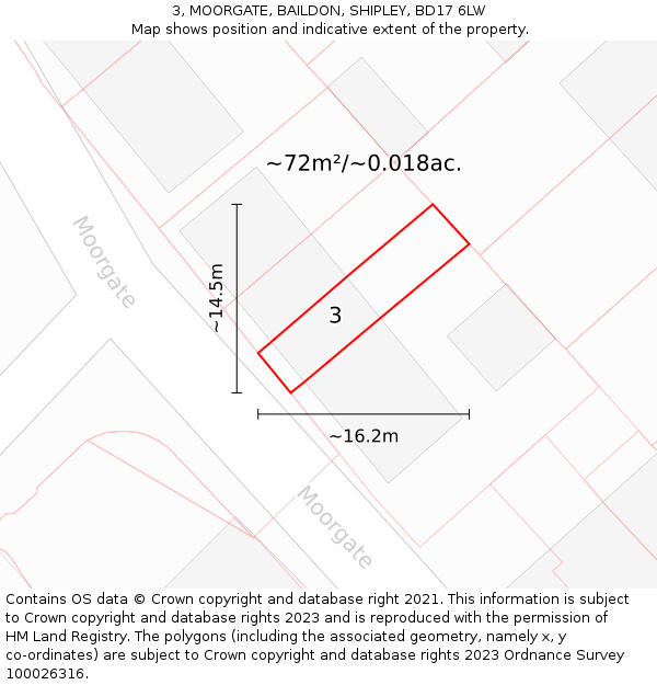 3, MOORGATE, BAILDON, SHIPLEY, BD17 6LW: Plot and title map