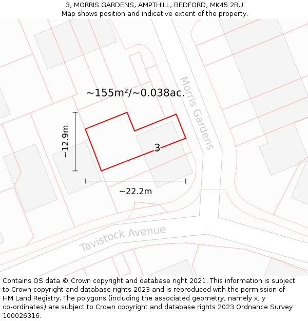 3, MORRIS GARDENS, AMPTHILL, BEDFORD, MK45 2RU: Plot and title map