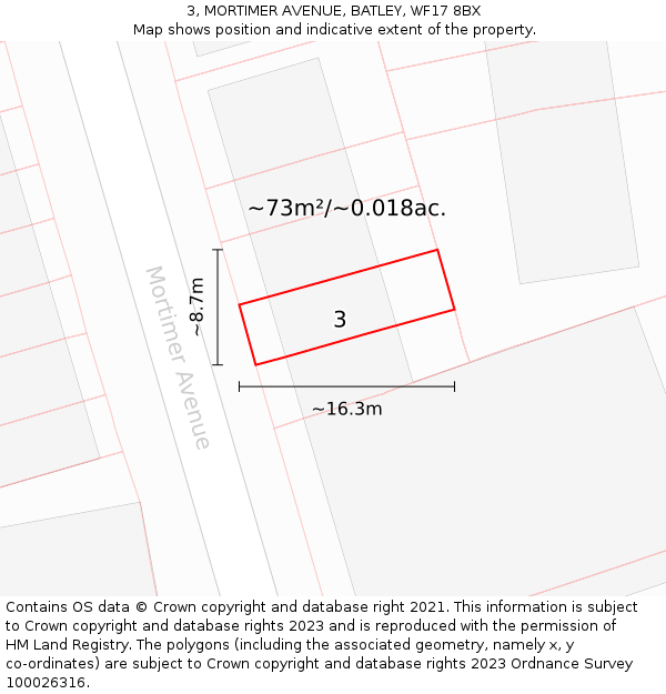 3, MORTIMER AVENUE, BATLEY, WF17 8BX: Plot and title map