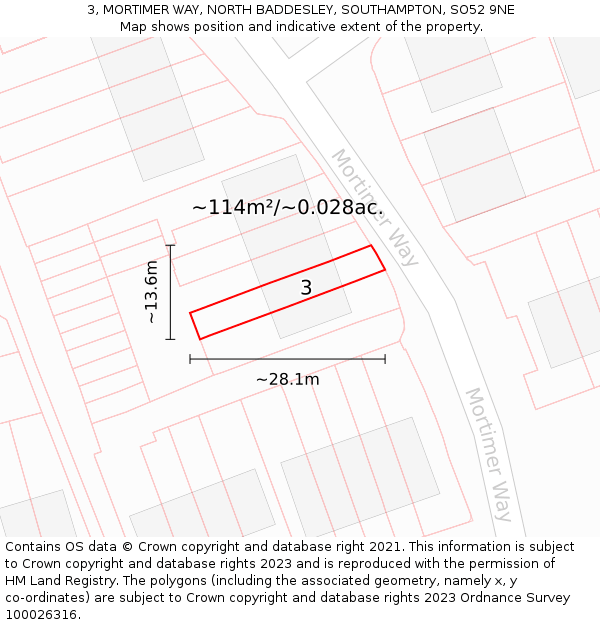 3, MORTIMER WAY, NORTH BADDESLEY, SOUTHAMPTON, SO52 9NE: Plot and title map