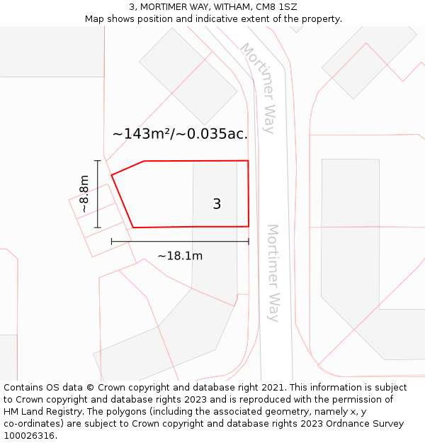 3, MORTIMER WAY, WITHAM, CM8 1SZ: Plot and title map