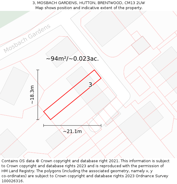 3, MOSBACH GARDENS, HUTTON, BRENTWOOD, CM13 2UW: Plot and title map