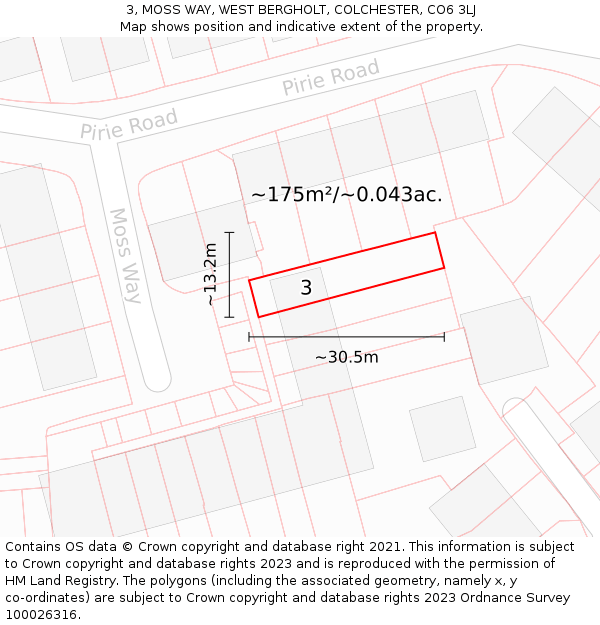 3, MOSS WAY, WEST BERGHOLT, COLCHESTER, CO6 3LJ: Plot and title map