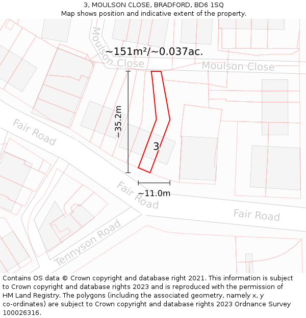 3, MOULSON CLOSE, BRADFORD, BD6 1SQ: Plot and title map