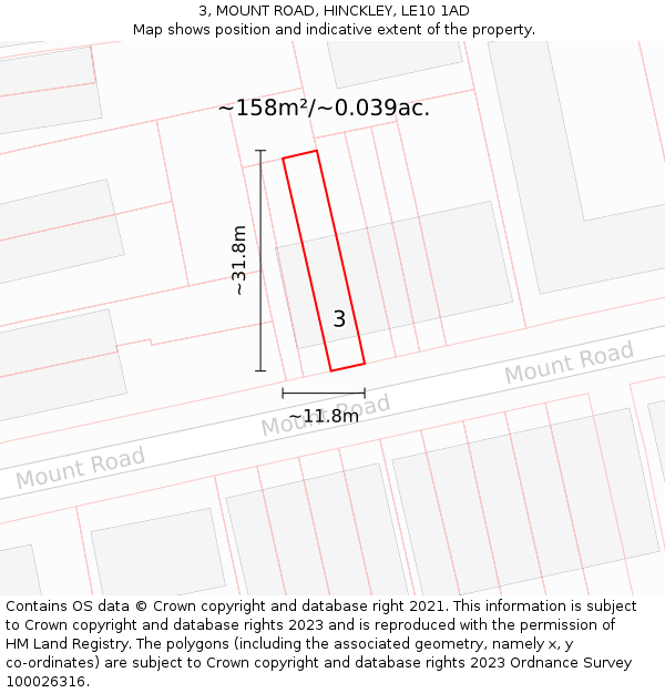 3, MOUNT ROAD, HINCKLEY, LE10 1AD: Plot and title map