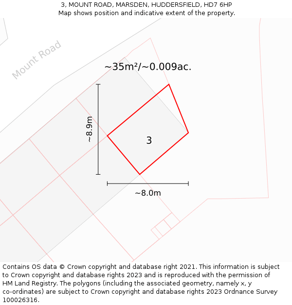 3, MOUNT ROAD, MARSDEN, HUDDERSFIELD, HD7 6HP: Plot and title map