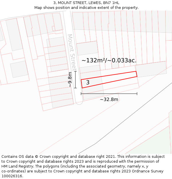 3, MOUNT STREET, LEWES, BN7 1HL: Plot and title map