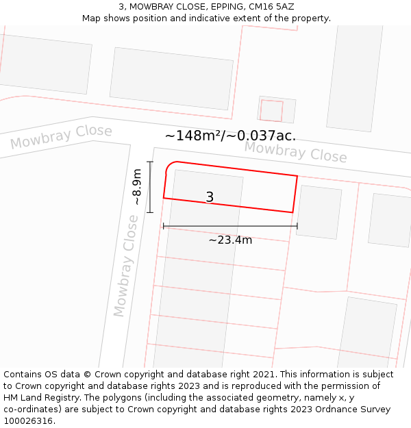 3, MOWBRAY CLOSE, EPPING, CM16 5AZ: Plot and title map