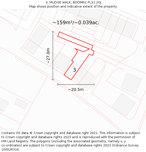 3, MUDGE WALK, BODMIN, PL31 2GJ: Plot and title map