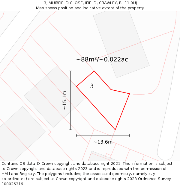 3, MUIRFIELD CLOSE, IFIELD, CRAWLEY, RH11 0UJ: Plot and title map