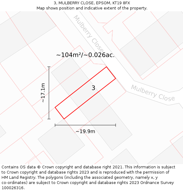 3, MULBERRY CLOSE, EPSOM, KT19 8FX: Plot and title map