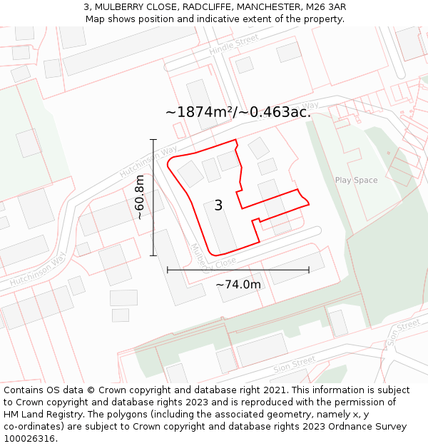 3, MULBERRY CLOSE, RADCLIFFE, MANCHESTER, M26 3AR: Plot and title map