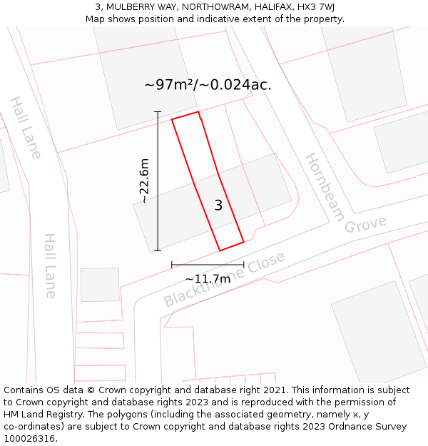 3, MULBERRY WAY, NORTHOWRAM, HALIFAX, HX3 7WJ: Plot and title map