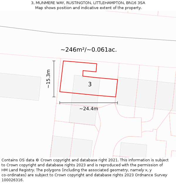 3, MUNMERE WAY, RUSTINGTON, LITTLEHAMPTON, BN16 3SA: Plot and title map