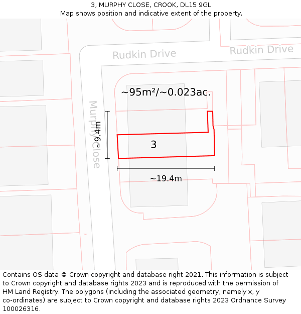 3, MURPHY CLOSE, CROOK, DL15 9GL: Plot and title map