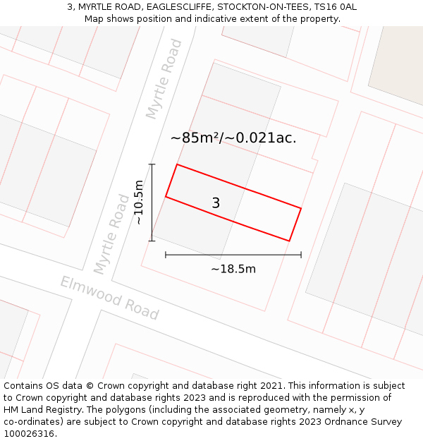3, MYRTLE ROAD, EAGLESCLIFFE, STOCKTON-ON-TEES, TS16 0AL: Plot and title map