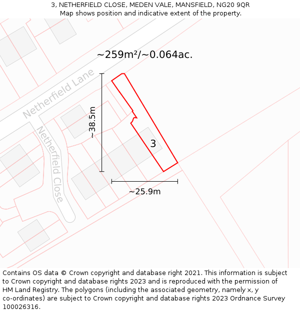 3, NETHERFIELD CLOSE, MEDEN VALE, MANSFIELD, NG20 9QR: Plot and title map