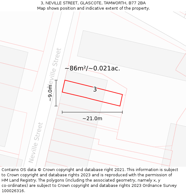 3, NEVILLE STREET, GLASCOTE, TAMWORTH, B77 2BA: Plot and title map