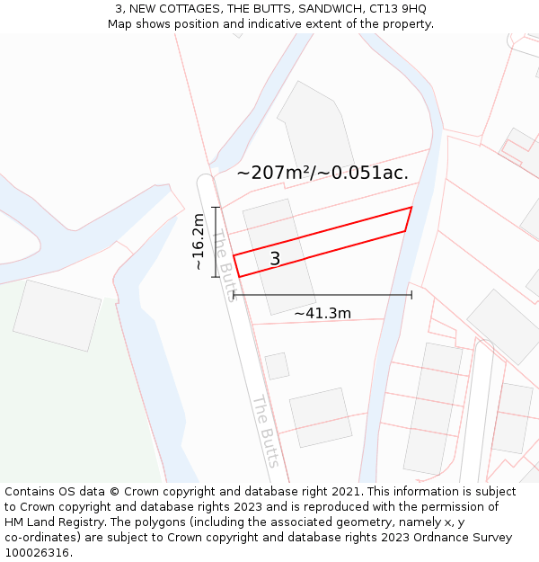3, NEW COTTAGES, THE BUTTS, SANDWICH, CT13 9HQ: Plot and title map