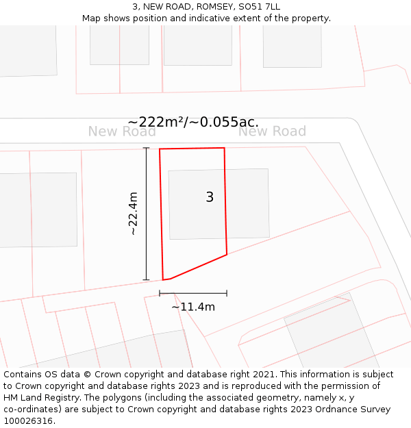 3, NEW ROAD, ROMSEY, SO51 7LL: Plot and title map