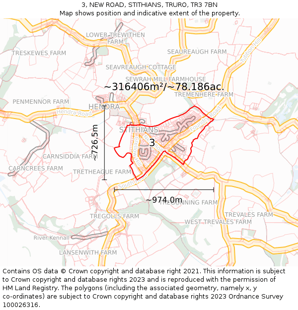 3, NEW ROAD, STITHIANS, TRURO, TR3 7BN: Plot and title map