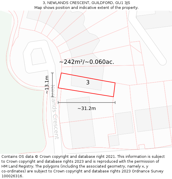 3, NEWLANDS CRESCENT, GUILDFORD, GU1 3JS: Plot and title map