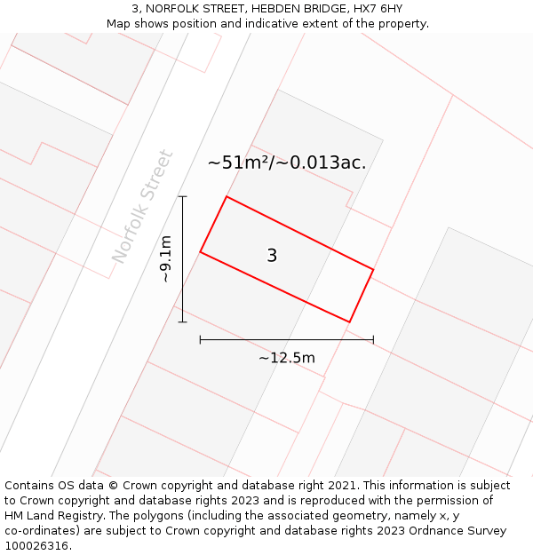 3, NORFOLK STREET, HEBDEN BRIDGE, HX7 6HY: Plot and title map