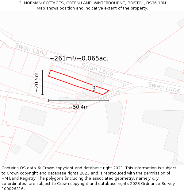 3, NORMAN COTTAGES, GREEN LANE, WINTERBOURNE, BRISTOL, BS36 1RN: Plot and title map