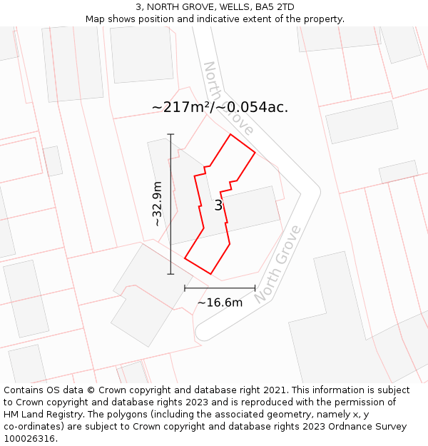 3, NORTH GROVE, WELLS, BA5 2TD: Plot and title map