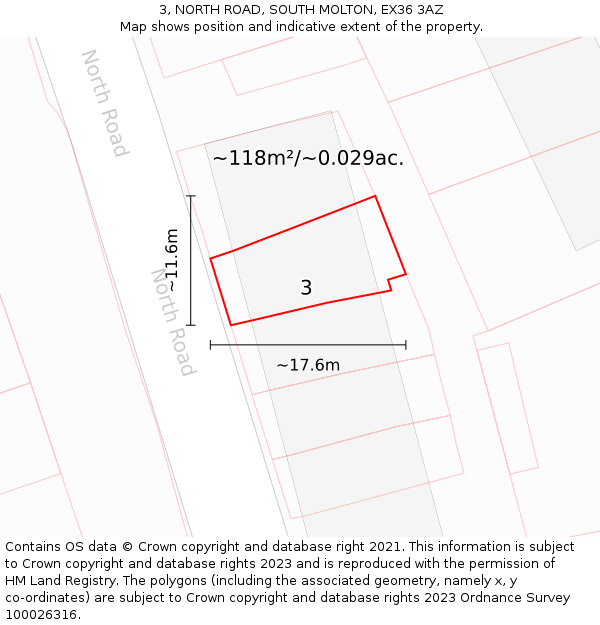 3, NORTH ROAD, SOUTH MOLTON, EX36 3AZ: Plot and title map
