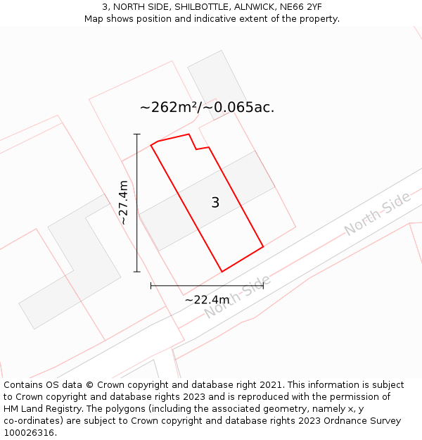 3, NORTH SIDE, SHILBOTTLE, ALNWICK, NE66 2YF: Plot and title map