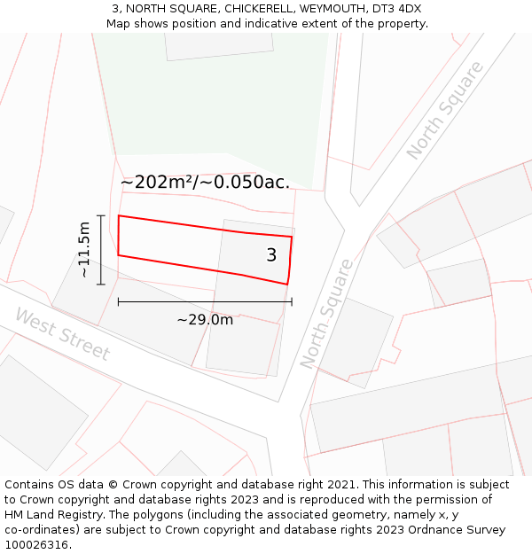 3, NORTH SQUARE, CHICKERELL, WEYMOUTH, DT3 4DX: Plot and title map