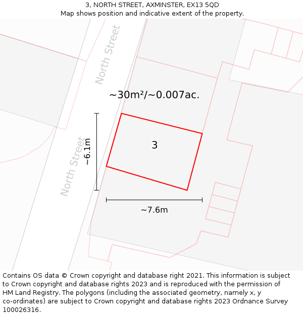 3, NORTH STREET, AXMINSTER, EX13 5QD: Plot and title map