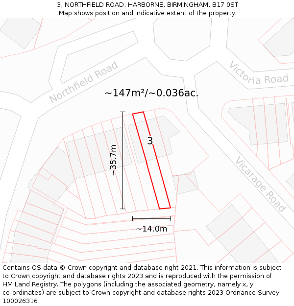 3, NORTHFIELD ROAD, HARBORNE, BIRMINGHAM, B17 0ST: Plot and title map