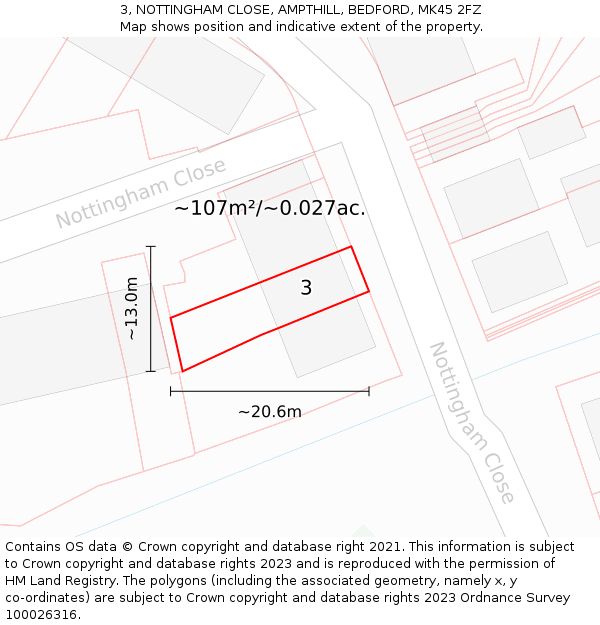 3, NOTTINGHAM CLOSE, AMPTHILL, BEDFORD, MK45 2FZ: Plot and title map
