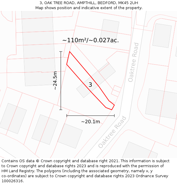 3, OAK TREE ROAD, AMPTHILL, BEDFORD, MK45 2UH: Plot and title map