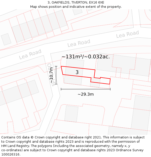 3, OAKFIELDS, TIVERTON, EX16 6XE: Plot and title map